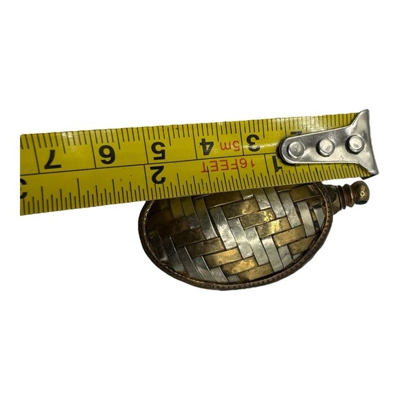 Antique Brass and Silver toned Inlay Pendant, Woven Design, Handcrafted, 2”‎ - Picture 8 of 8